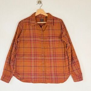 prAna‎ Womens Small Orange Plaid Flannel Gorpcore Outdoors Earthy Travel Soft